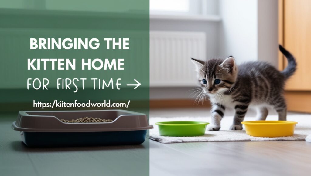 A kitten exploring a quiet room with a cozy bed, food bowls, and a litter box.