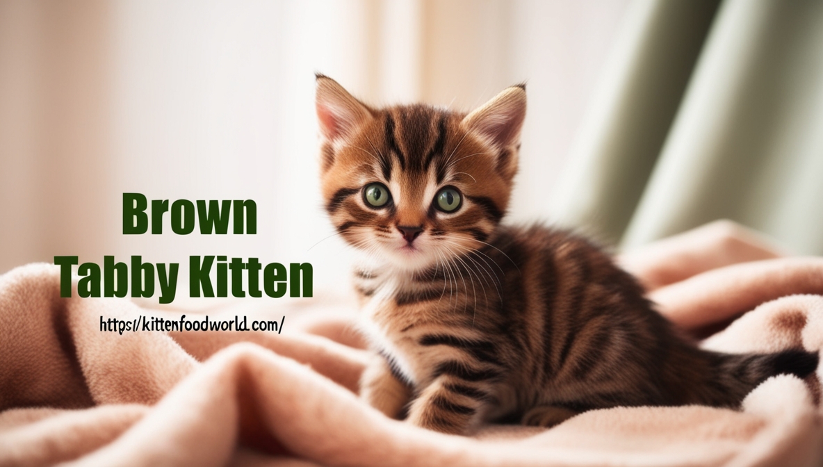 Adorable brown tabby kitten sitting on a cozy blanket with expressive green eyes.