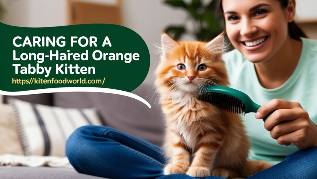 Long-haired orange tabby kitten being groomed with a brush