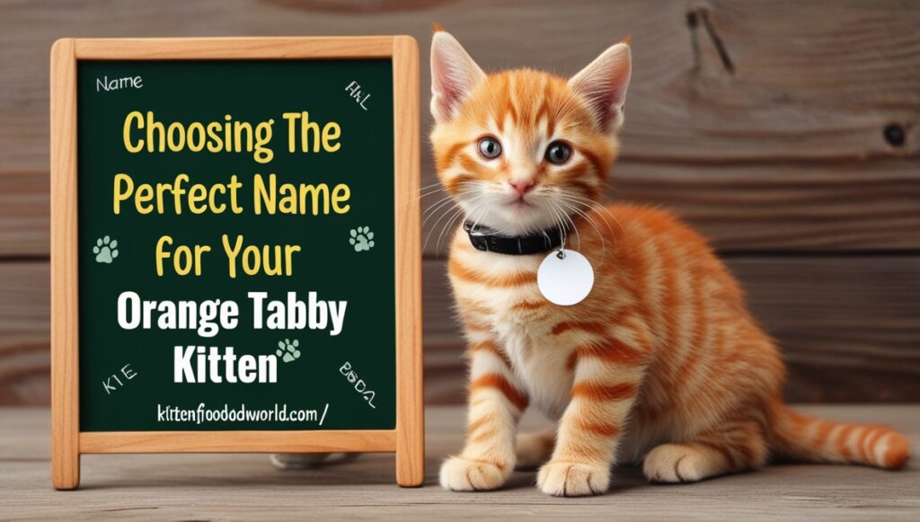 Orange tabby kitten with a name tag beside a chalkboard with name ideas