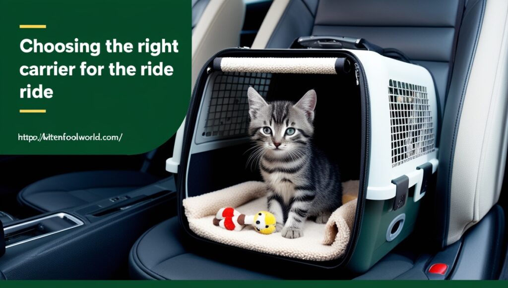 A kitten sitting in a ventilated pet carrier with a blanket and toy inside a car.