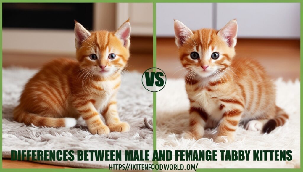 Male and female orange tabby kittens sitting together on a rug