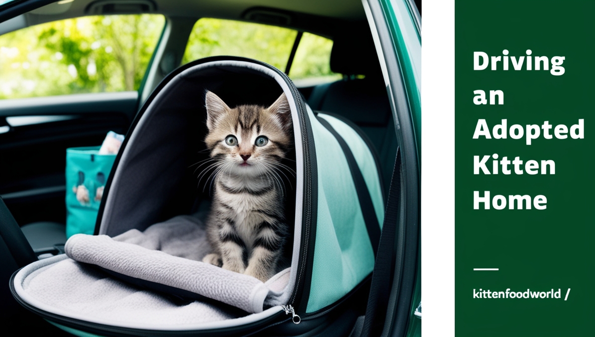 A kitten sitting in a comfortable pet carrier inside a car, surrounded by travel essentials.