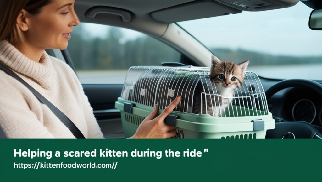 A person checking on a kitten in a carrier during a road trip stop.