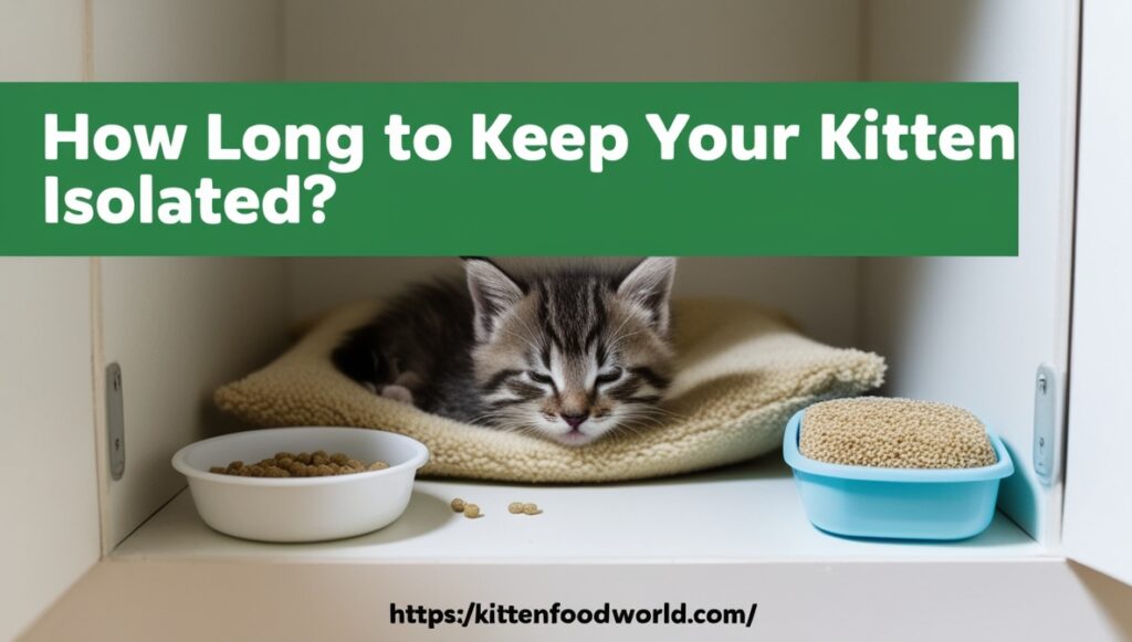 A kitten relaxing in a quiet, isolated room with food and a litter box.