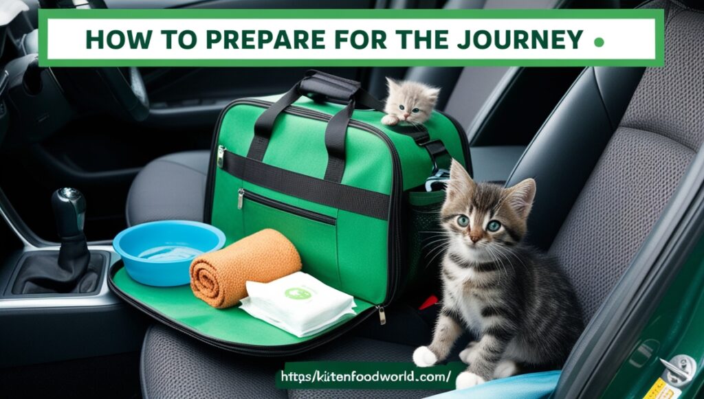 A travel bag with kitten essentials like water, a blanket, wipes, and toys.