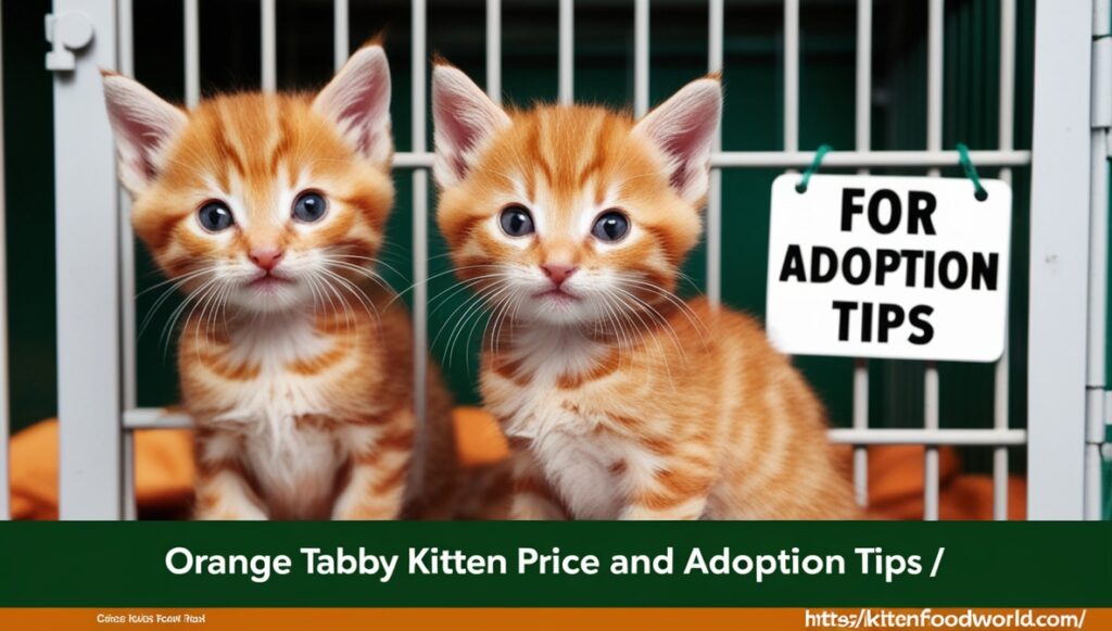 Two orange tabby kittens in a shelter with an adoption sign