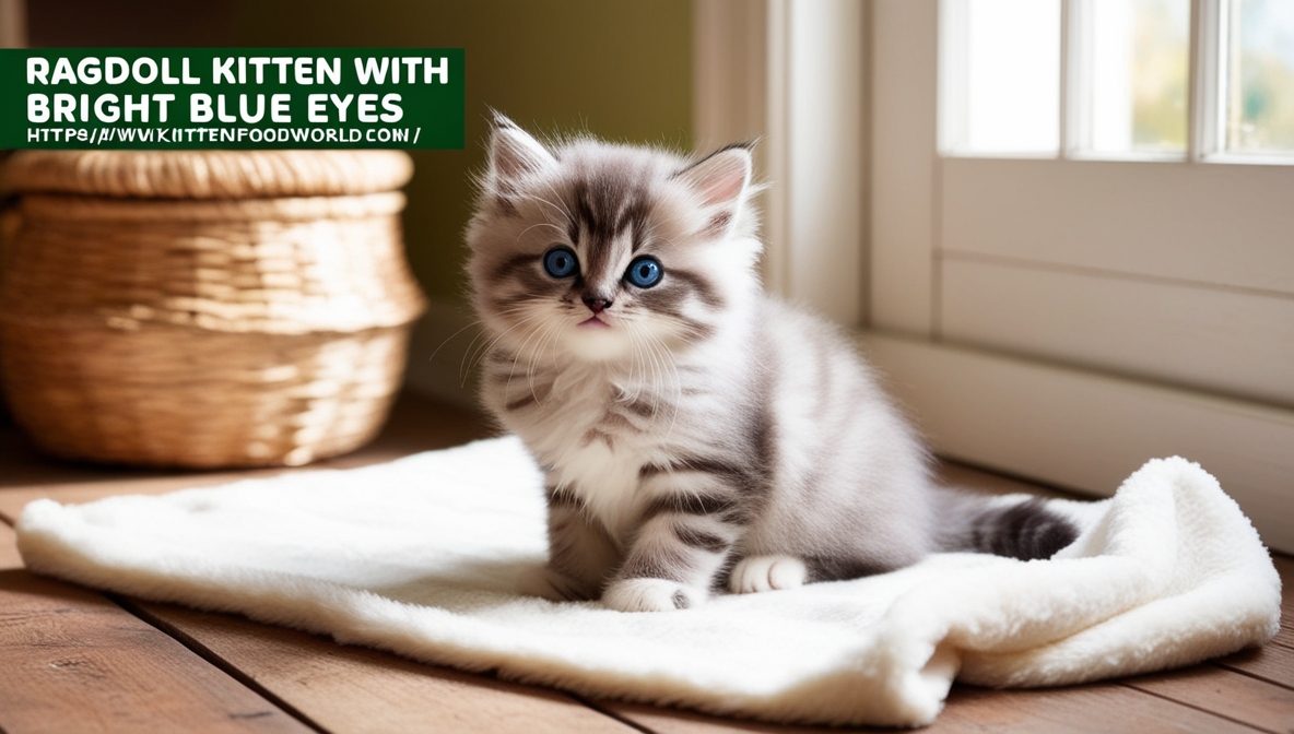 Adorable blue-point Ragdoll kitten with bright blue eyes sitting on a soft white blanket in a cozy, sunlit room