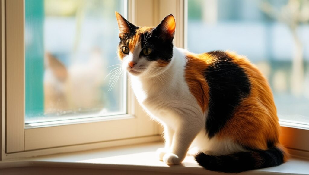 Short Haired Calico Cat on a Windowsill