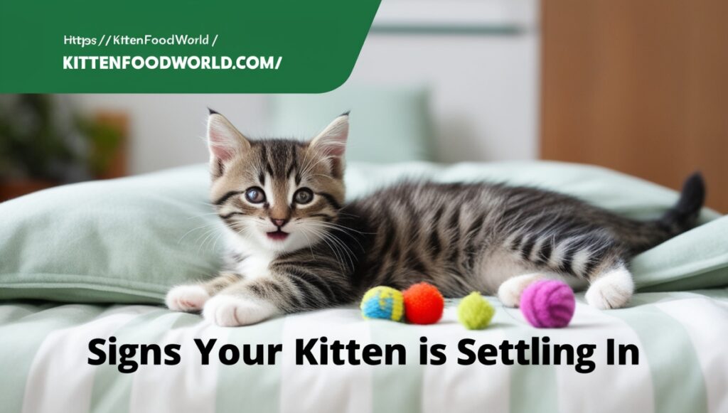 A relaxed kitten lounging on a bed with toys nearby, showing signs of settling in.