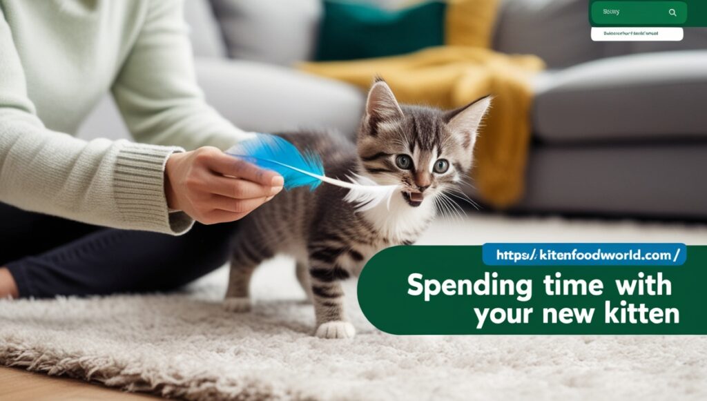 A person playing with a kitten using a feather toy on a soft rug.