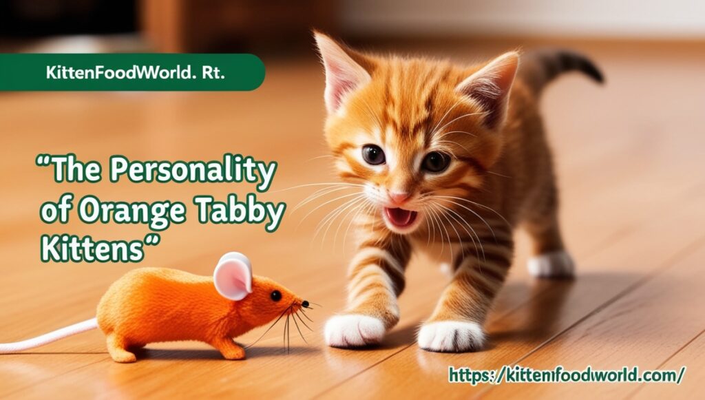 Playful orange tabby kitten with a toy mouse on the floor.