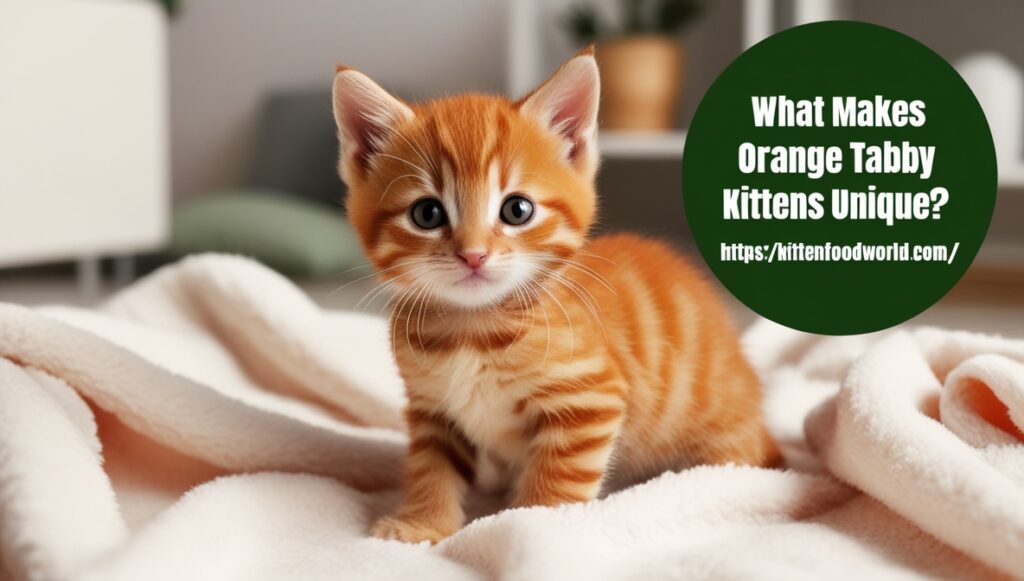 Orange tabby kitten sitting on a white blanket with striped fur and curious eyes.