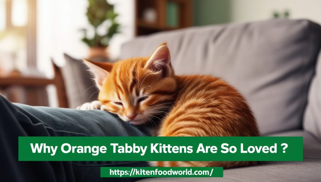 Orange tabby kitten purring on a person’s lap in a cozy living room.