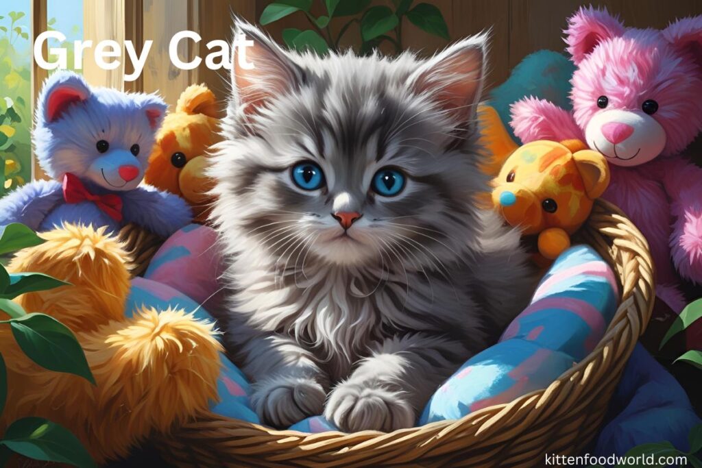 A fluffy grey kitten with blue eyes sitting in a small woven basket, surrounded by soft toys and natural lighting